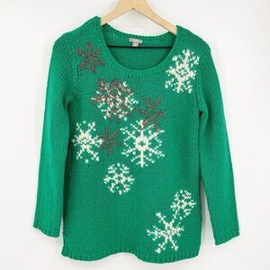 J. Jill Green Mohair Wool Blend Sweater Snowflake Embellishments Size XS